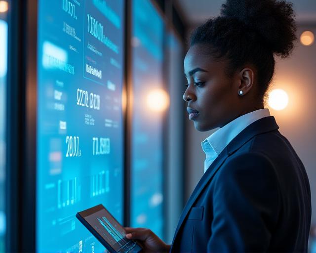 Executive looking at real-time data insights on a digital screen