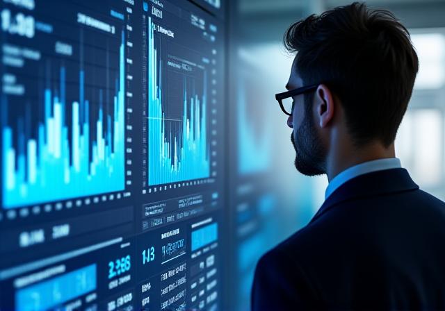 Financial analyst reviewing automated P&L dashboards on a high-tech screen